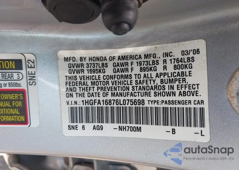 2006 Honda Civic Ex from USA, damaged, VIN 1HGFA16876L075698